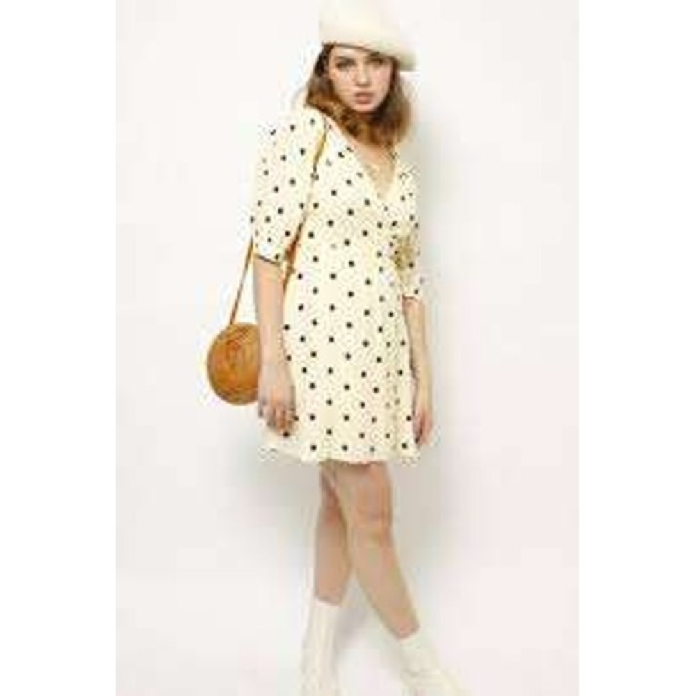 Capulet Polka Dot Puff Sleeve Wrap Mini Dress Yellow Black Cream V-Neck